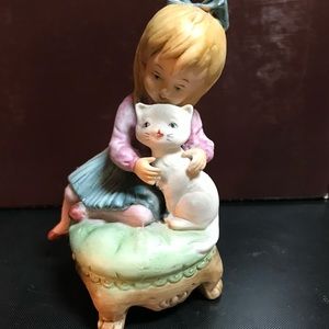Porcelain girl with white cat on Ottoman 5” tall